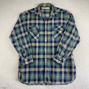 Vintage Champion Flannel Shirt Mens Sz 17.5 Blue Gray Plaid Cotton Button Up